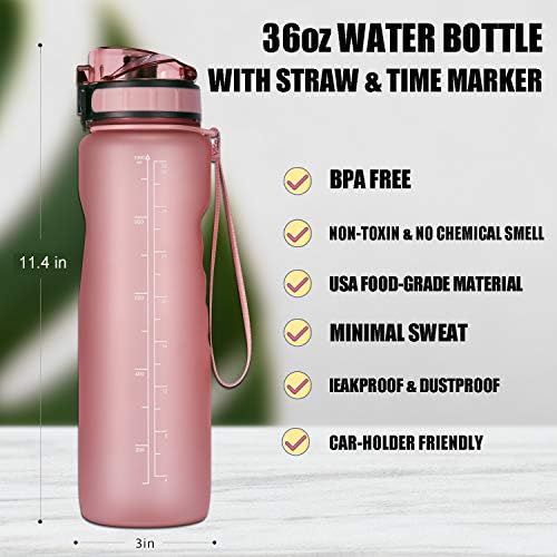 Water bottle with straw, leak-proof design, priced at $14.99.