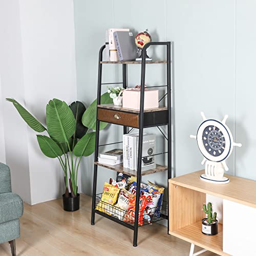 4 Tier Ladder Bookshelf with Drawer, Industrial Freestanding Ladder
