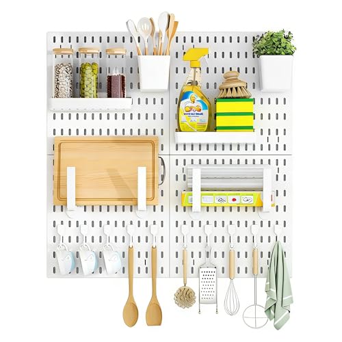 Pegboard Branco Conjunto 4 Armazenamento Montado Parede Painel Organizador Parede Combinado Kit Organizador Parede Plástico para Parede Garagem Sala Artesanato Bancada Trabalho Escritório, 30×30