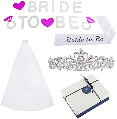 Bride to Be Bachelorette Party Decoration Kit -4 pcs Wedding Bridal Shower Set,Metal and Rhinestone Tiara ,Lace Embroidered Sash,Banner with Ribbon and Bridal Veil (white)