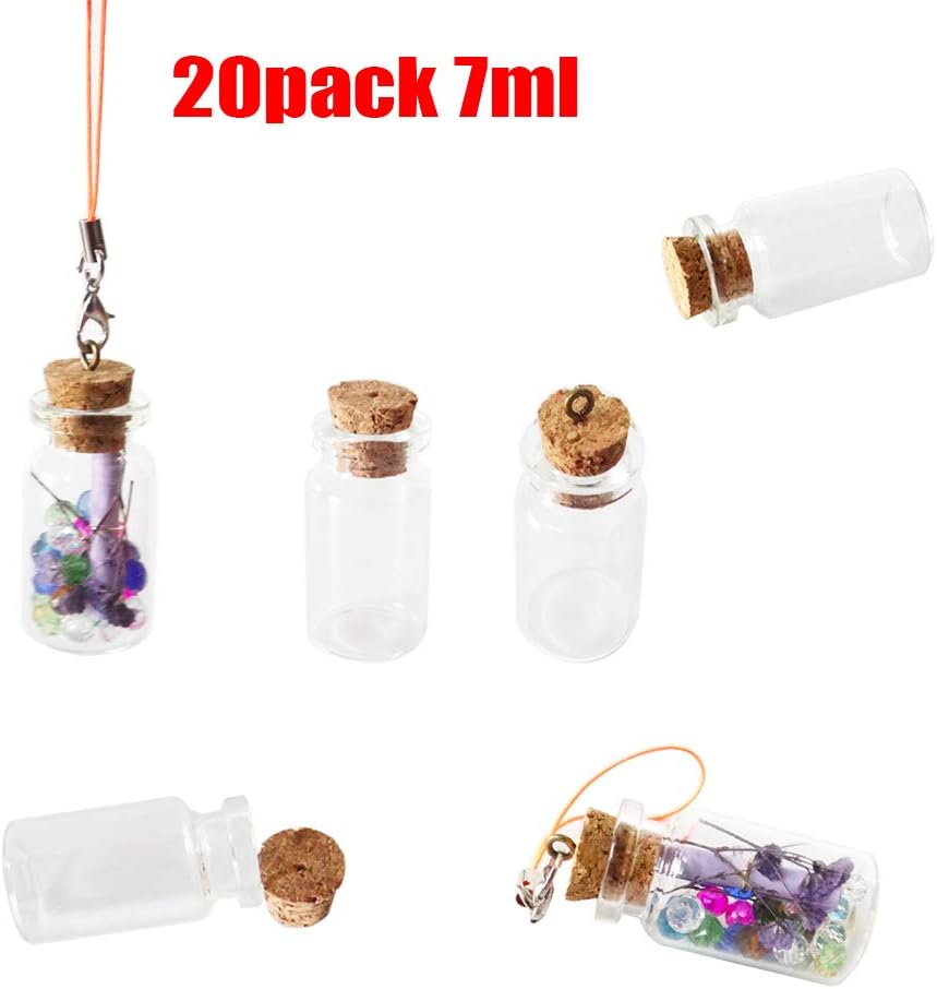 GreatforU 20pcs Mini Glass Jars Bottles w/ Cork Stopper - Size: 1-1/2" Tall X 3/4 Inches Diameter, Free Decoration Gadgets (Beads, Eye Screws, Lobster Clasp...), For DIY, Art & Crafts, Party Favors