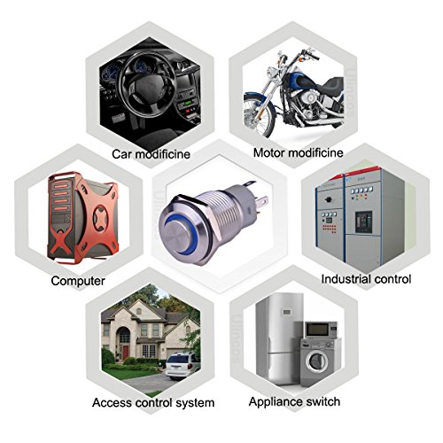 Ulincos Latching Pushbutton Switch U16F2 1NO1NC SPDT ON/OFF Silver Stainless Steel Shell with Blue LED Ring Suitable for 16mm 5/8" Mounting Hole (Blue)