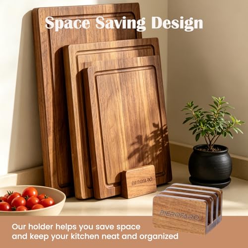Bierofaro Acacia Wooden Chopping Boards with holder,Cutting Board Set of 3 for Kitchen,Reversible Meat Cutting Board Set with Handle,Butcher Block Wooden Trays for Meat,Fruit Vegetable and Cheese