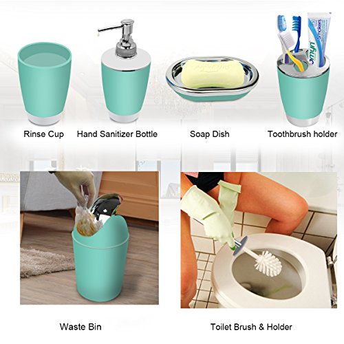 Bathroom Accessories Set,6 Piece Plastic Bath Ensemble Includes Toothbrush Holder,Toothbrush Cup,Soap Dispenser,Soap Dish,Toilet Brush Holder,Trash Can for Decorative Bath and Housewarming Gift-Mint