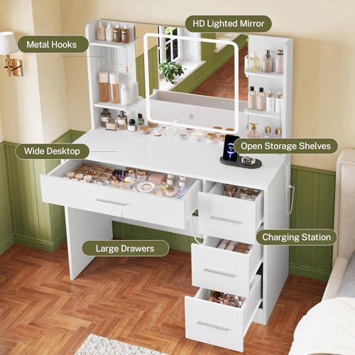 TEENFON Vanity Desk with Large Mirror & Adjustable LED Lights, Makeup Vanity with Power Strip & 5 Jewel Hooks, Dressing Table with 4 Drawers & 6 Open Shelves for Bedroom, White