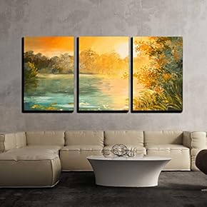 3 Piece Canvas Wall Art - Oil Painting - Sunset on The Lake, Colorfull Art Drawing, Autumn, Yellow - Modern Home Art Stretched and Framed Ready to Hang - 16"x24"x3 Panels