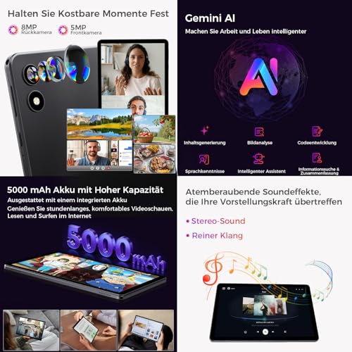 RebotAi 2026 Neuestes Tablet 10.1 Zoll Android 16 mit Gemini AI, 16GB RAM + 64GB ROM, GMS Widevine L1, WiFi 6 & BT 5.2, Dünn und leicht Tablet mit Gesichtserkennung (Grau)