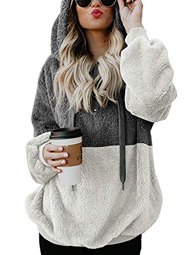 TEMOFON Women's Long Sleeve Zipper Casual Hooded Sweatshirt Sherpa Pullover Winter Outwear Jackets Coats Sweaters Dark Grey M