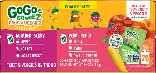 GoGo squeeZ Fruit & veggieZ Applesauce and Puree Variety Pack, Pedal Peach and Boulder Berry, 3.2 oz (Pack of 20), Unsweetened Snacks for Kids, BPA Free Pouches