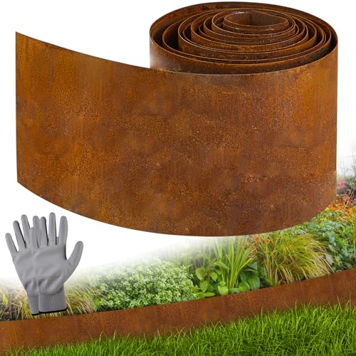 Vehipa Garten Rasenkante aus Cortenstahl 10 m x 14 cm Cortenstahl Rasenkante für DIY-Rasen, Rasenkantenband mit Rost inklusive 1 Paar Handschuhe, Rasenkanten Corten-Stahl Beeteinfassung für Garten