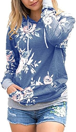 Women's Fashion Long Sleeve Floral Printed Pullover Pocket Sweatshirt Blouse Hoodir Blue M