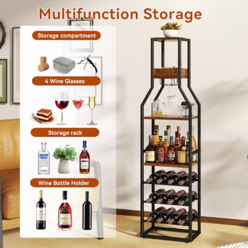 IBUYKE Wine Rack Floor,Bar Industrial Wine Bar,Brown TMJ916H | Wine Rack with Cup Holder Wine Rack for Living Room Kitchen Dining Room