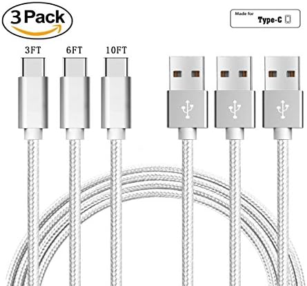 USB Type C Cable,Grandwa USB C Cable 3 Pack (1x3ft,1x6ft,1x10ft) Nylon Braided USB C to USB A Charger Cord (USB 2.0) for Samsung Note 8 S8,Apple New Macbook, Nexus 6P 5X,Google Pixel,LG G5 G6(Silver)
