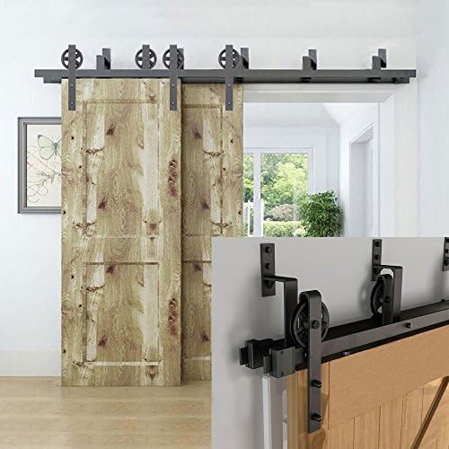 5FT Bypass Double Door Sliding Barn Door Hardware Track Kit Basic Big Black Spoke Wheel Roller System