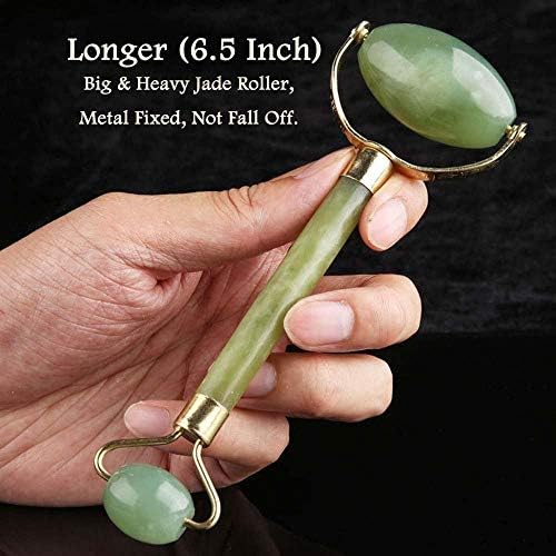 Leosense Jade Roller for Face Neck Beauty, More Longer & Heavy Premium Jade Stone Rollers, Great Tools for Facial Skin Rejuvenation & Slimming Massage, Anti Aging + Eyes Wrinkles Removing (E-Book)