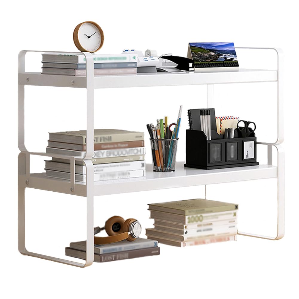 Hggzeg Desk Shelf Organiser, 2 Tier Wood Desktop Bookcase, Multipurpose Display Bookshelf Storage Rack for Home Office School (White+White)