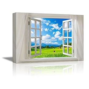 Glimpse into Blue Sky and Green Grass Land Out of Open Window Canvas Wall Art Stretched Canvas Prints | Giclee Printing Ready to Hang - 24" x 36"