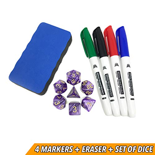 RPG Battle Game Mat - 2 Pack Dry Erase Double sided 36" x 24" (4 Terrains) + 4 Dry Erase Markers + 1 Eraser + 7pc Polyhedral Dice Set - Large Table Top Role Playing Map for Starters and Masters