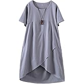 Tebreux Women's Linen Midi Dress Oversized Short Sleeve Sundress Baggy Tunic Dresses with Pockets