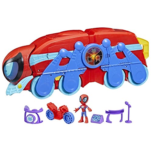 Marvel Spidey and His Amazing Friends 2-in-1 Spider Raupe Hauptquartier Spielset, Vorschulspielzeug ab 3 Jahren,Enthält: verwandelbares 2-in-1 Spielset, Action-Figur, Motorrad und 3 Accessoires, 61 cm