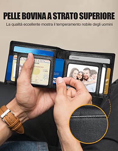 CIRYCASE Portafoglio Uomo in Vera Pelle, Blocco RFID Portacarte Uomo con 14 Carte Scomparti & 2 Finestre Trasparenti per Carte ID, Bifold Verticale Portafogli con Confezione Regalo
