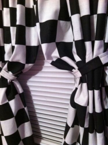 1 set of WINDOW CURTAIN PANELS MADE FROM COTTON Nascar Race or Retro Diner Black and White Checkered Flag FABRIC Each panel is 42