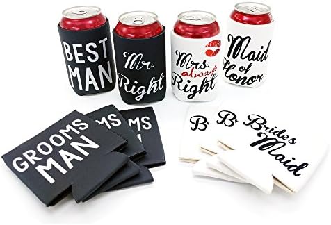 Mr. Right and Mrs. Always Right Wedding Party Can and Bottle Coolers, Neoprene Coolies for Cans (10 Pack)