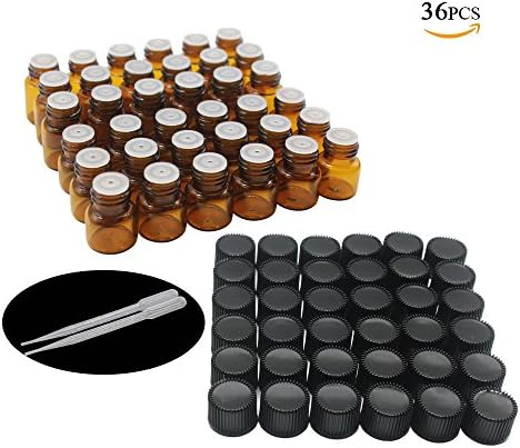 One Trillion,36 Pcs -1ml Amber Sample Glass Bottles/vials with Orifice Reducers and Black Caps for Essential Oils,Chemistry Lab,Colognes& Perfumes,and 2 plastic Pipettes Dropper