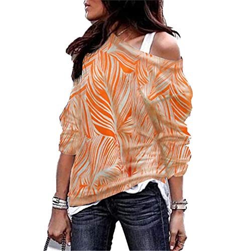 Soluo Long Sleeve Geometric Print One Shoulder Sweatshirt Pullover Casual Round Tops T-Shirt Blouse for Women (Orange,XXX-Large)