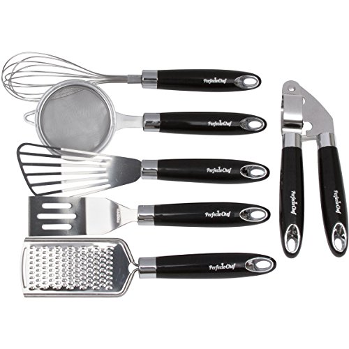 For Cooking Lovers - Introducing the newest Cooking Gadgets 6 Piece Set by PerfectoChef - Cool & Unique Kitchen Utensils for Men & Women - Grater - Whisk - Garlic Press - Spatula - Strainer - Turner
