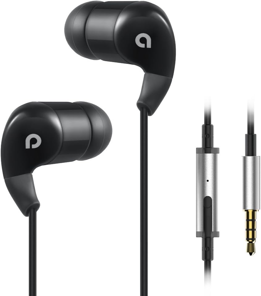 AudioMX Earphones with Dual Dynamic Driver for High Definition Noise Isolating, 4 Pairs Earbuds, Carrying Case, In-Line Mic, Black