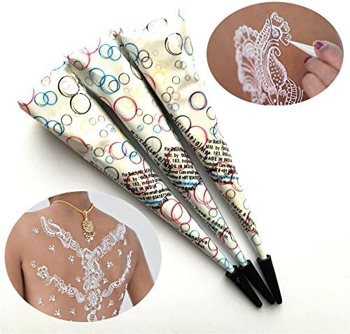 India Painting Tattoo Paste Cone,3 Tube White Paste Cone Indian Body Art Painting Drawing with free Stencil