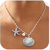 Gold Shell Necklace for Women Gold Seashell Starfish Pendant Necklace Shell Choker Pearl Beaded Chain Necklaces Summer Beach Jewelry