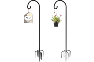 Artigarden 76 inch Outdoor Shepherd Hook with 5 Prong Base (2 Packs), Adjustable Heavy Duty Garden Hanging Stake for Bird Feeder Solar Light Plant Hanger Wedding Decor, Matte Black