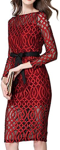 Women's Off Shoulder Open Back Long Sleeve Bodycon Casual Dresses with Sash Lace Party Cocktail Dress with Belt Red