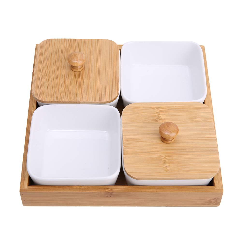 GYZOUKA Ceramic Serving Plate Set,Tray,Modern Design with Separate Compartments for Nuts Desserts,Hand Wash Dishwasher Safe,(Four compartments with lid)