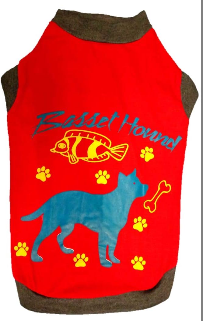 MUNCHOS Soft and Comfortable Cotton Summer T-Shirt for Dogs (Basset Hound Printed) (No.20 Weight - 86gm, Red)