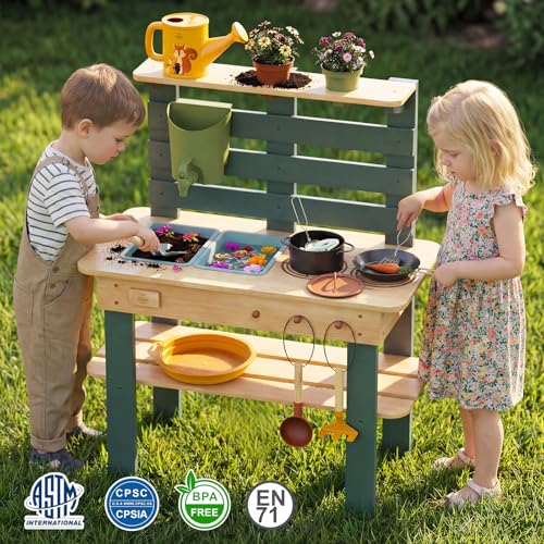 Lehoo Castle Wooden Outdoor Mud Kitchen for Children, Play Kitchen with Real Sink Kitchen Accessories, Garden Toy for Cooking, Casting, Sensory Play, Montessori Learning Toy from 3 Years