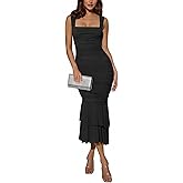 Atizon Women's Sexy Square Neck Sleeveless Summer Bodycon Maxi Dresses Mesh Ruched Ruffle Wedding Guest Cocktail Party Dress