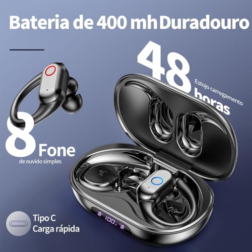 Fones de Ouvido Bluetooth Sem Fio, Esportivo c/ 80h de Reprodução com LED Display e com Gancho Anti Quedas, IPX7 à Prova d'Água, Graves Profundos, Compatível com iOS e Android - Esportes/Treino