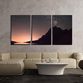 3 Piece Canvas Wall Art - Fantastic Starry Sky Over Lake and Mountain at Night - Modern Home Art Stretched and Framed Ready to Hang - 16"x24"x3 Panels
