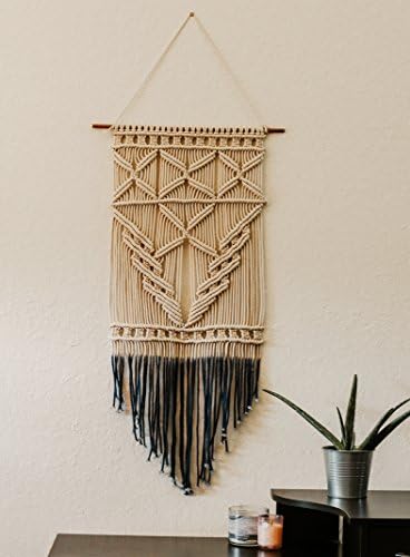 Macrame Wall Hanging 16 W x 40 L, inches - Elegant Wall Art Decoration for Home, Apartment Studio Dorm, Living Room, Nursery Or Office - Finest Cotton with Decorative Blue Strings at Bot