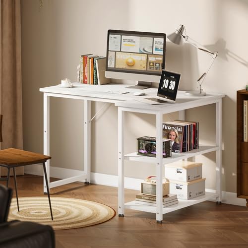 Coleshome L Shaped Computer Desk, 100x70 cm Corner Desk, Office Desk with Reversible Storage Shelves, Writing Study Table for Work Play Home Office, White