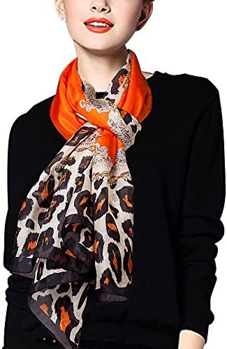 Ecowonder Women's Functional Long 100% Premium Silk Scarf Orange Leopard Printing
