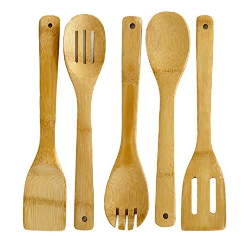 Bamboo utensils set 5pc wooden mixing spoon kitchen coo…