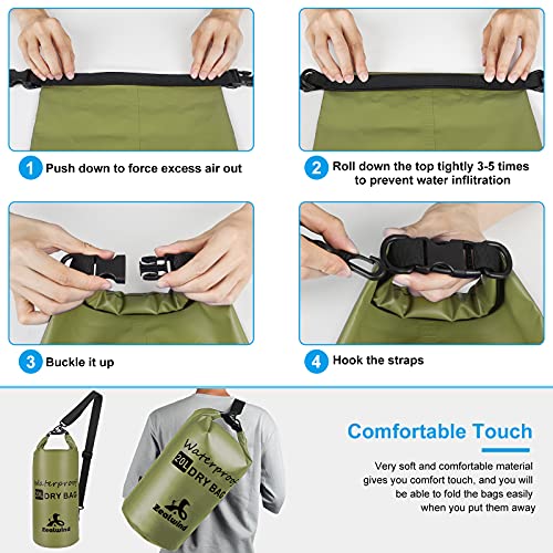 Zealwind Waterproof Dry Bag Backpack Floating Dry Sack with Phone Case, 10L/20L/30L/40L Water Proof Bag Packs, Roll Top Drybag for Kayaking, Paddleboarding, Rafting, Swimming, Boating (Army Green, 10L
