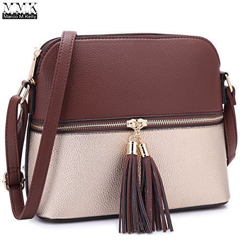 MMK collection Fashion Packlock Handbag for Women` Signature fashion Designer Purse with spring colors~Perfect Women Satchel Purse ~ Beautiful Designer Tote handbag (Crossbody-7660 Coffee/Gold)