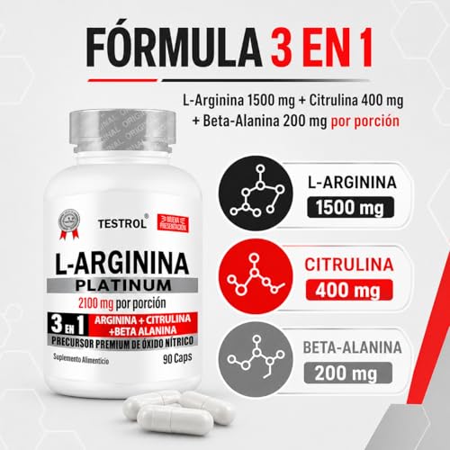 Arginina Platinum 2100mg por porción | L Arginina + L Citrulina + Beta Alanina | Pre Workout | Pre Entreno sin Cafeina | Precursor de Oxido Nítrico | Testrol TSN (90 Cápsulas).