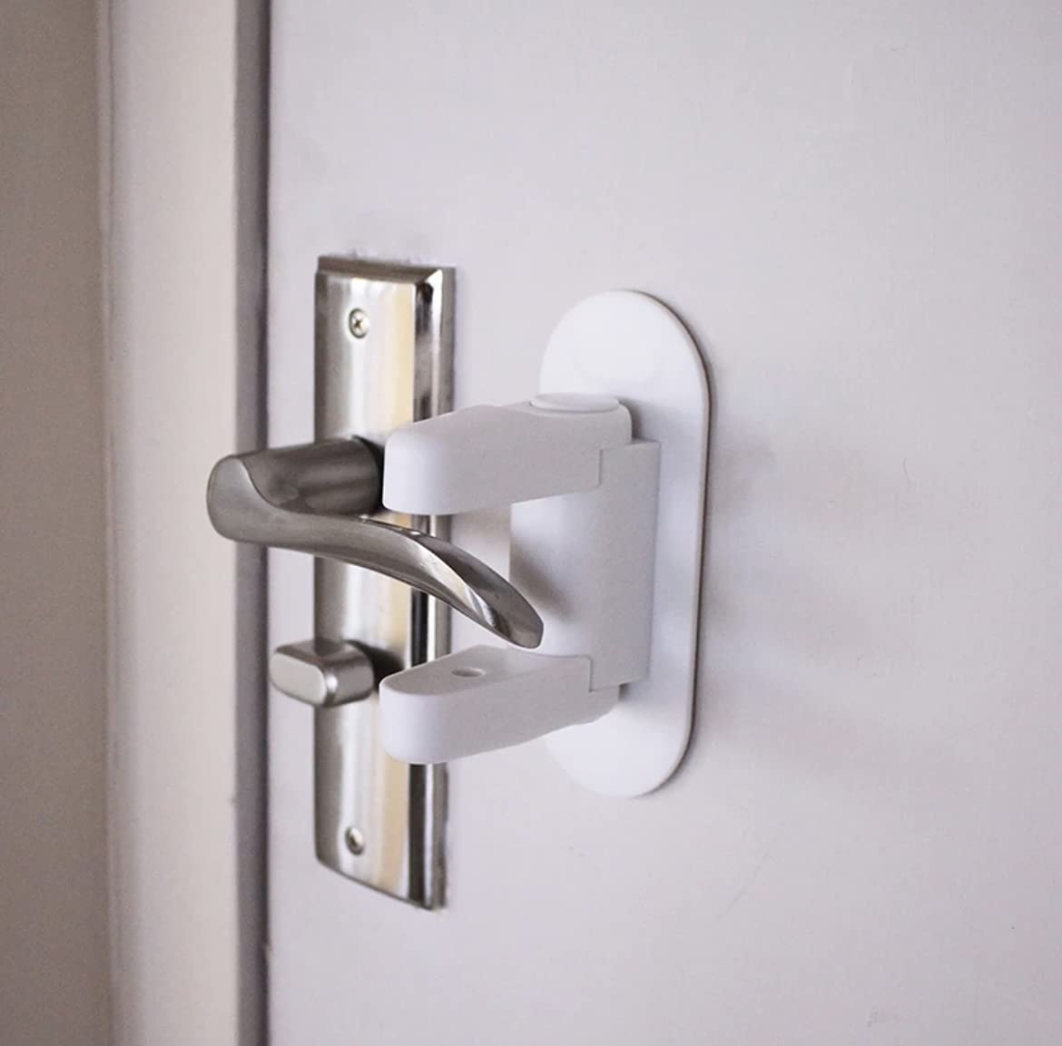 OUNJE 3 PCS Child Safety Locks for Door and Handles | 3M VHB Adhesive - No Drills, No Screws Needed Cabinet, Cupboard, Window, Drawer and Dresser Closet (White)