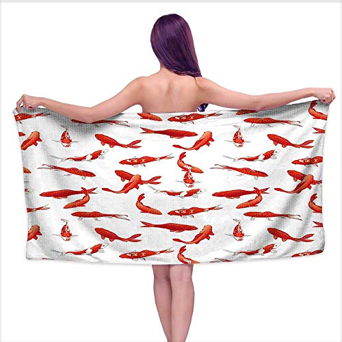 Leigh home 3D Printing Beach Towelsï¼Œ Decorative Eastern Exotic Koi Fish Common Carp Calming Water Garden Graphic Red,for Both Adults and Kids W 31.5" x L 63"